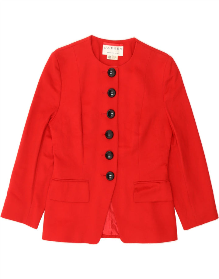 JAEGER Womens 3/4 Sleeve 6 Button Blazer Jacket UK 12 Medium Red New Wool Vintage Jaeger and Second-Hand Jaeger from Messina Hembry 