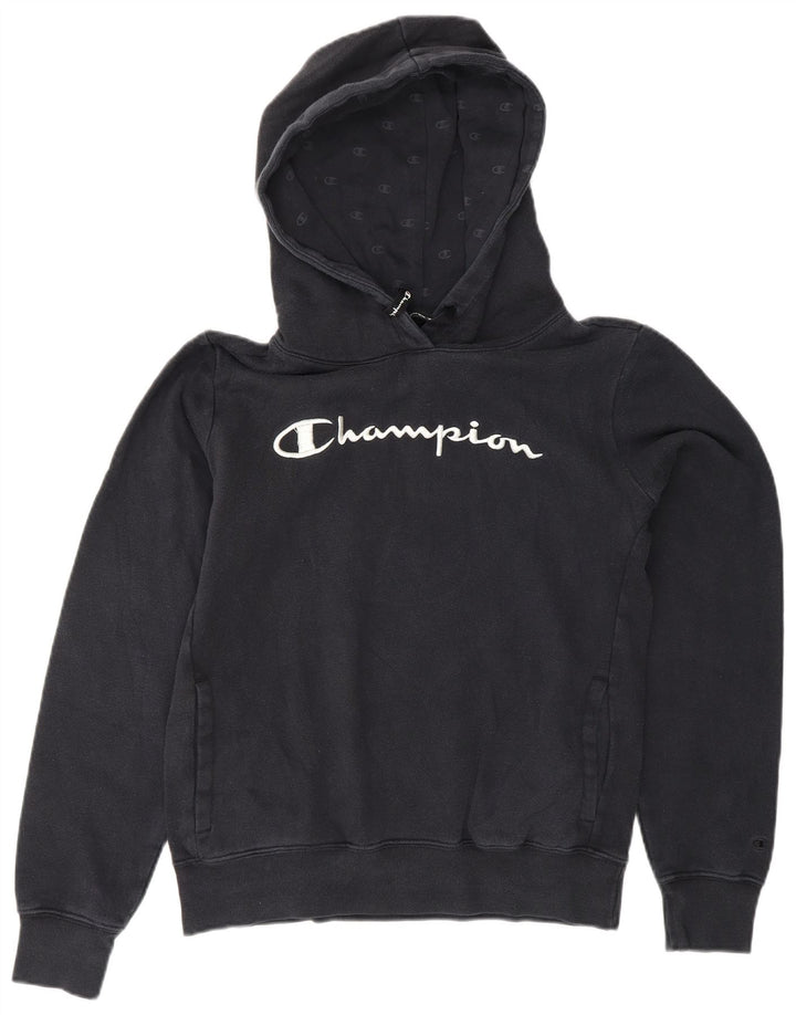 CHAMPION Womens Graphic Hoodie Jumper UK 12 Medium Navy Blue Cotton Vintage Champion and Second-Hand Champion from Messina Hembry 