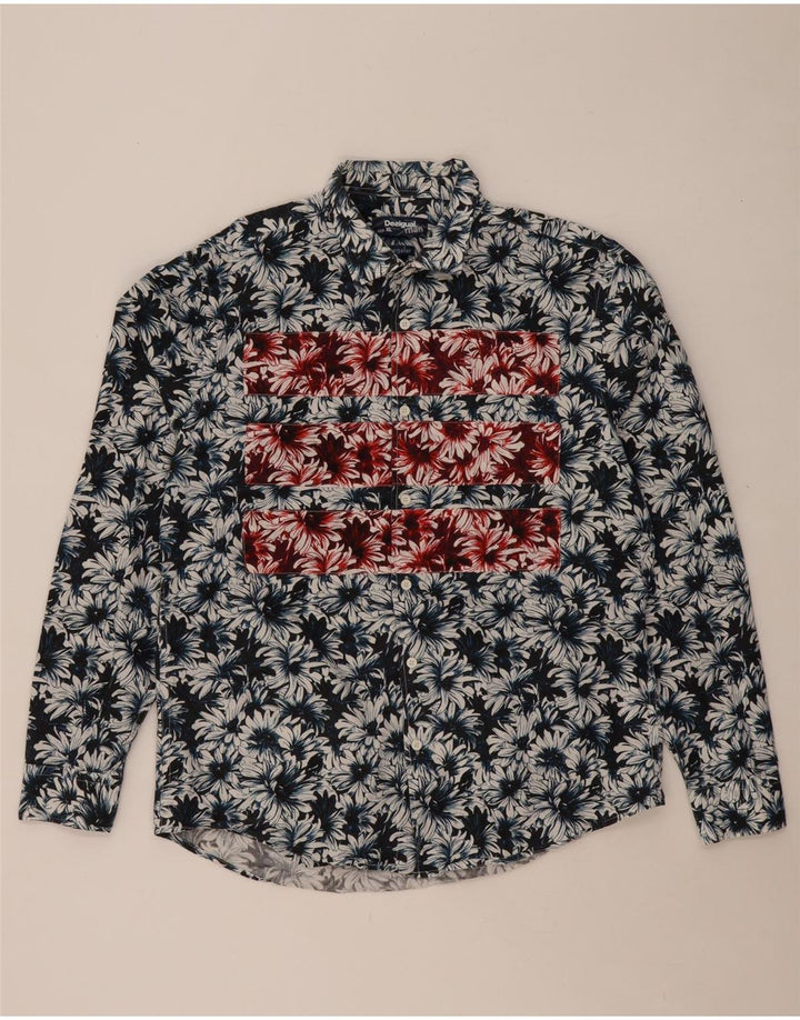 DESIGUAL Мужская рубашка XL из хлопка темно-синего цвета с цветочным принтом
