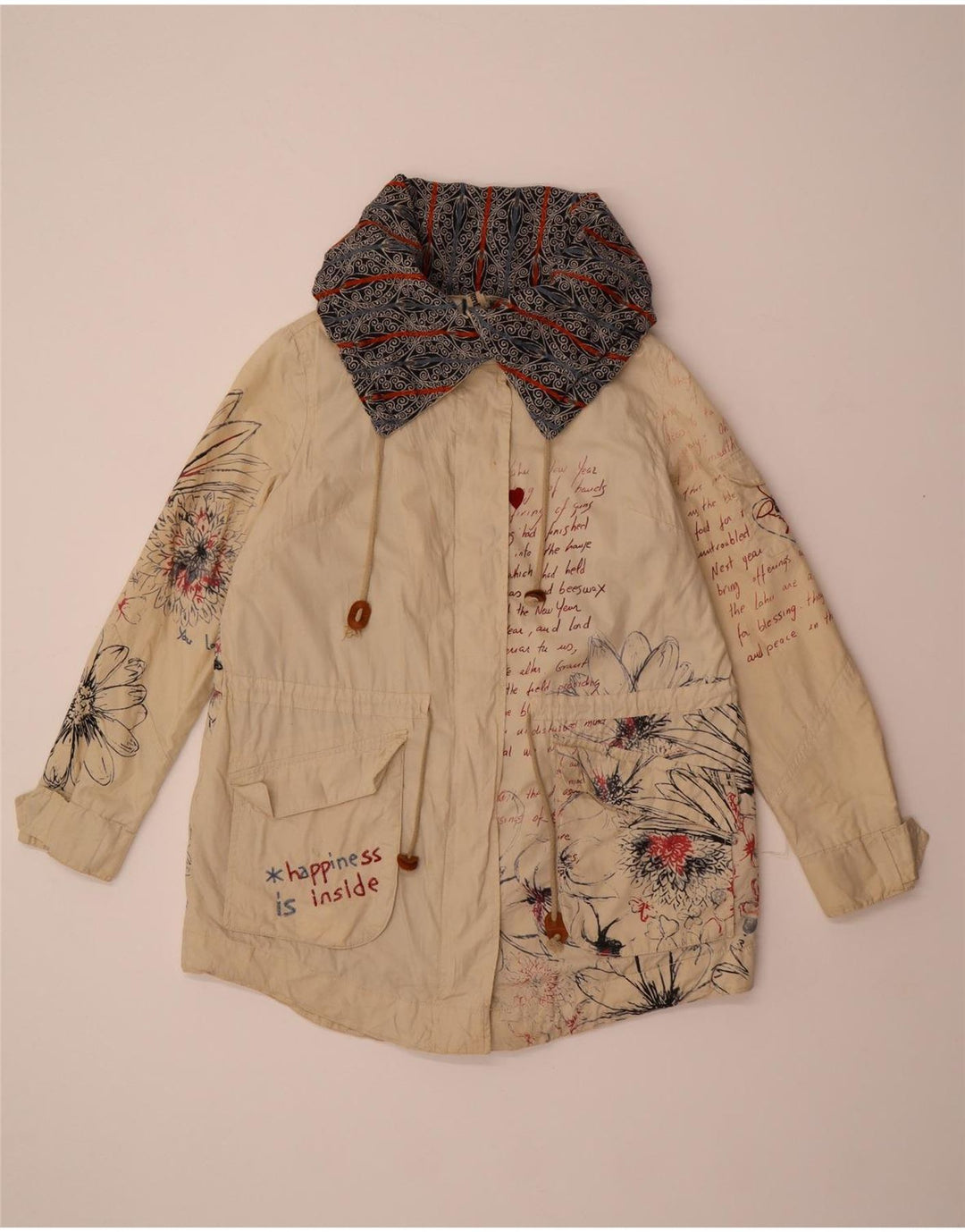 DESIGUAL Womens Graphic Utility Jacket EU 44 XL Beige Floral Polyester