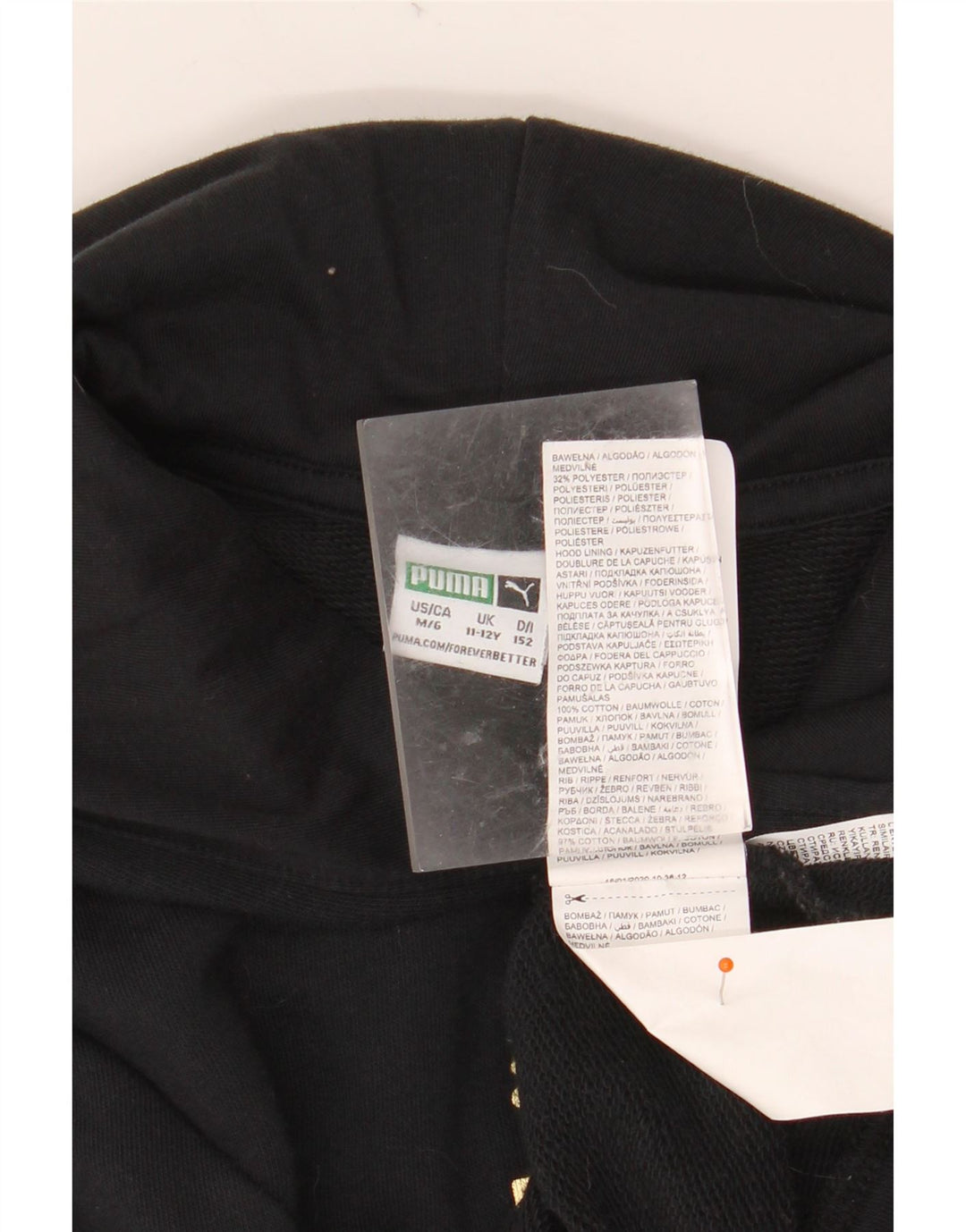 Укороченный джемпер с капюшоном и рисунком PUMA для девочек 11–12 лет, черный хлопок с цветными блоками