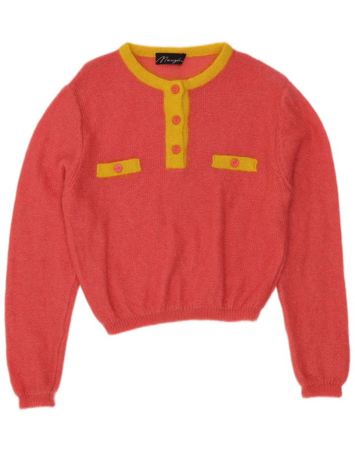 ВИНТАЖНЫЙ женский джемпер с воротником на пуговицах, свитер IT 44, средний розовый цвет с цветными блоками