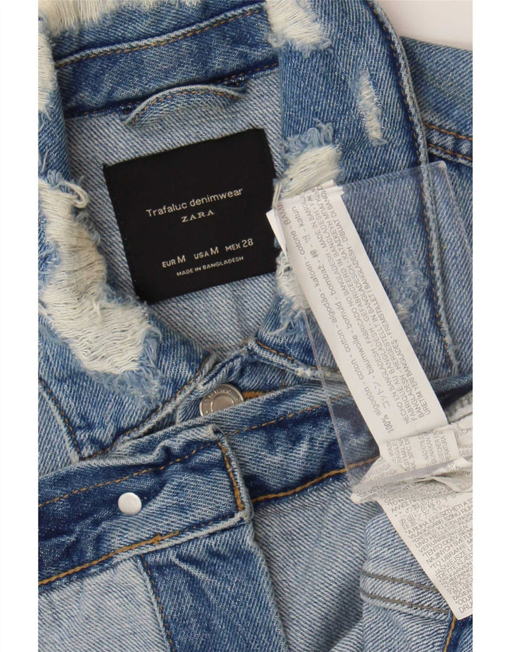 Женская укороченная джинсовая куртка Zara UK 12, хлопок среднего синего цвета