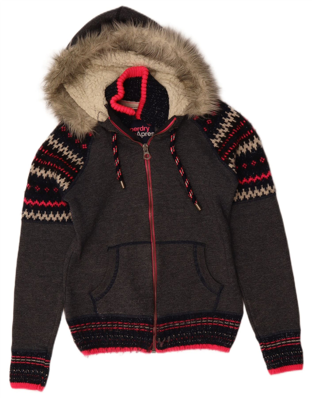 Женский свитер с капюшоном на молнии Superdry UK 10, маленький серый полиэстер с шевроном