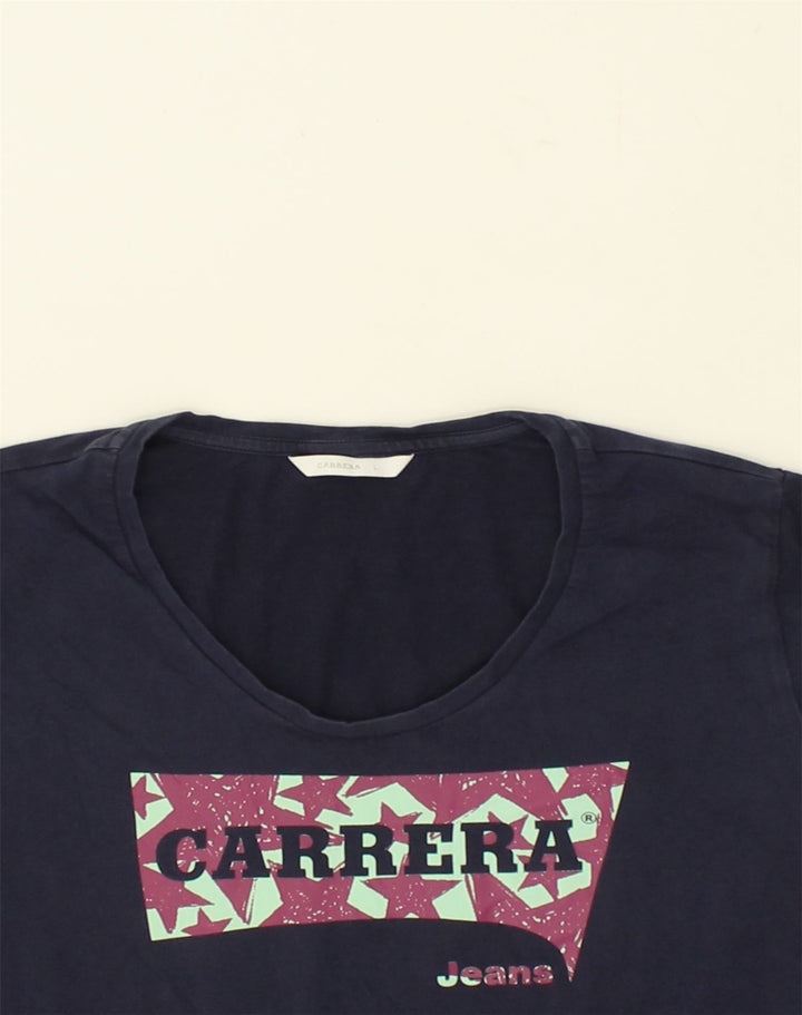 CARRERA Womens Graphic T-Shirt Top UK 14 Large Navy Blue Cotton | Vintage Carrera | Thrift | Second-Hand Carrera | Used Clothing | Messina Hembry 
