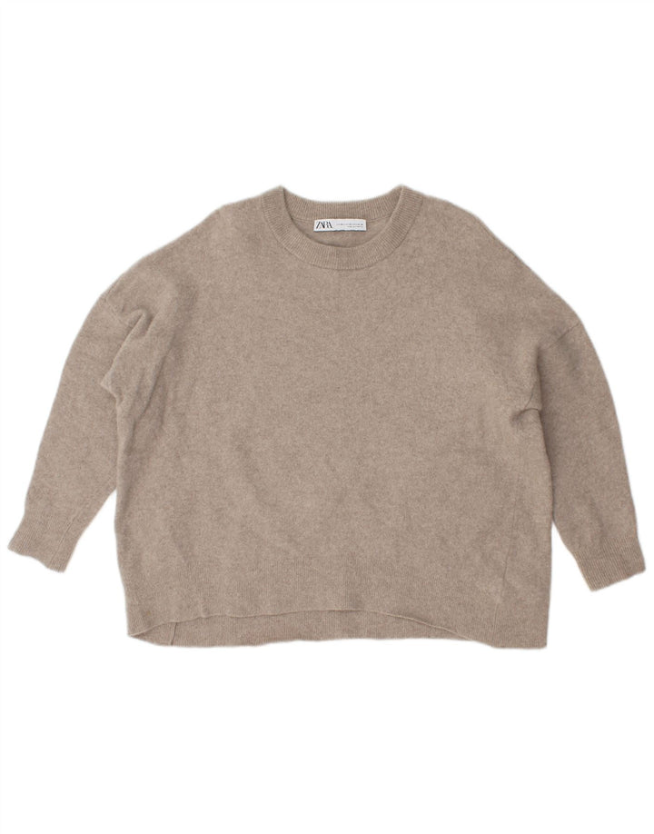 Женский свободный джемпер с круглым вырезом Zara UK 12, средний бежевый шерстяной свитер