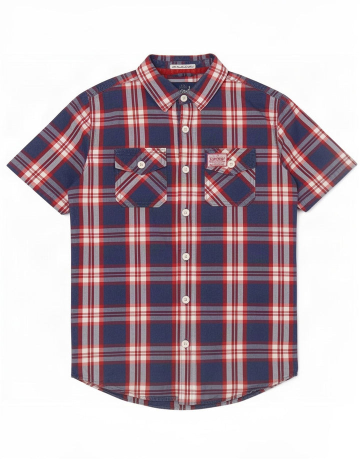 Superdry Мужская рубашка с коротким рукавом, средний синий клетчатый хлопок