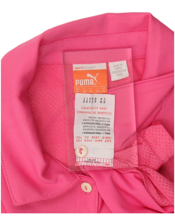 Женская рубашка поло PUMA UK 12, полиэстер среднего розового цвета с геометрическим рисунком
