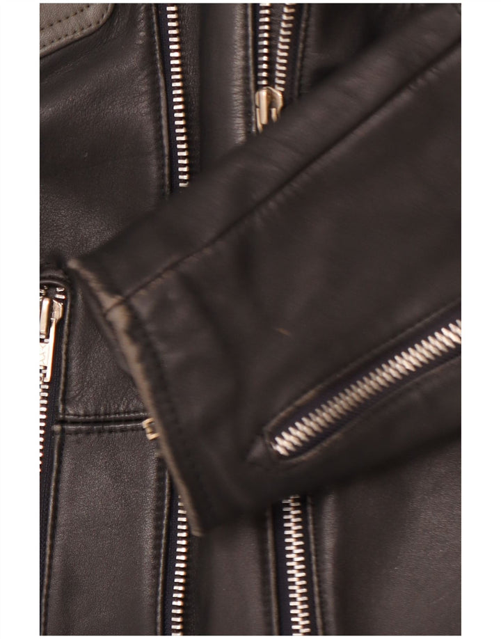 Мужская кожаная байкерская куртка MQP UK 46 3XL, черная кожа с цветными блоками