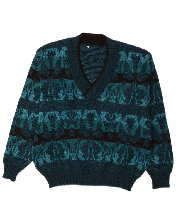 Винтажный мужской джемпер с v-образным вырезом IT 50, средний синий Fair Isle