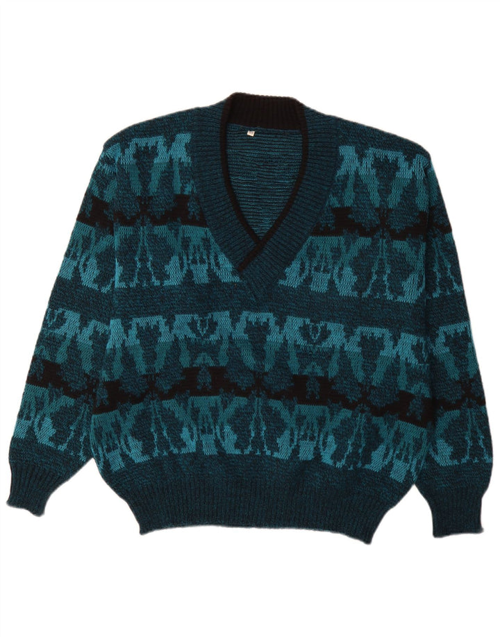 Винтажный мужской джемпер с v-образным вырезом IT 50, средний синий Fair Isle