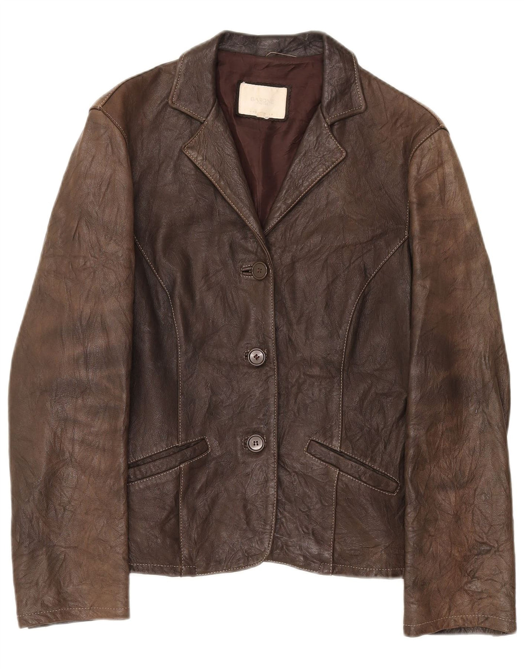 BARONE Womens 3 Button Leather Blazer Jacket UK 14 Medium Brown Leather