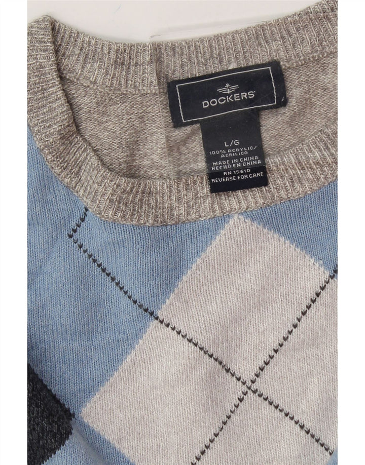 DOCKERS Womens Crew Neck Jumper Sweater UK 16 Large Grey Argyle/Diamond Vintage Dockers and Second-Hand Dockers from Messina Hembry 