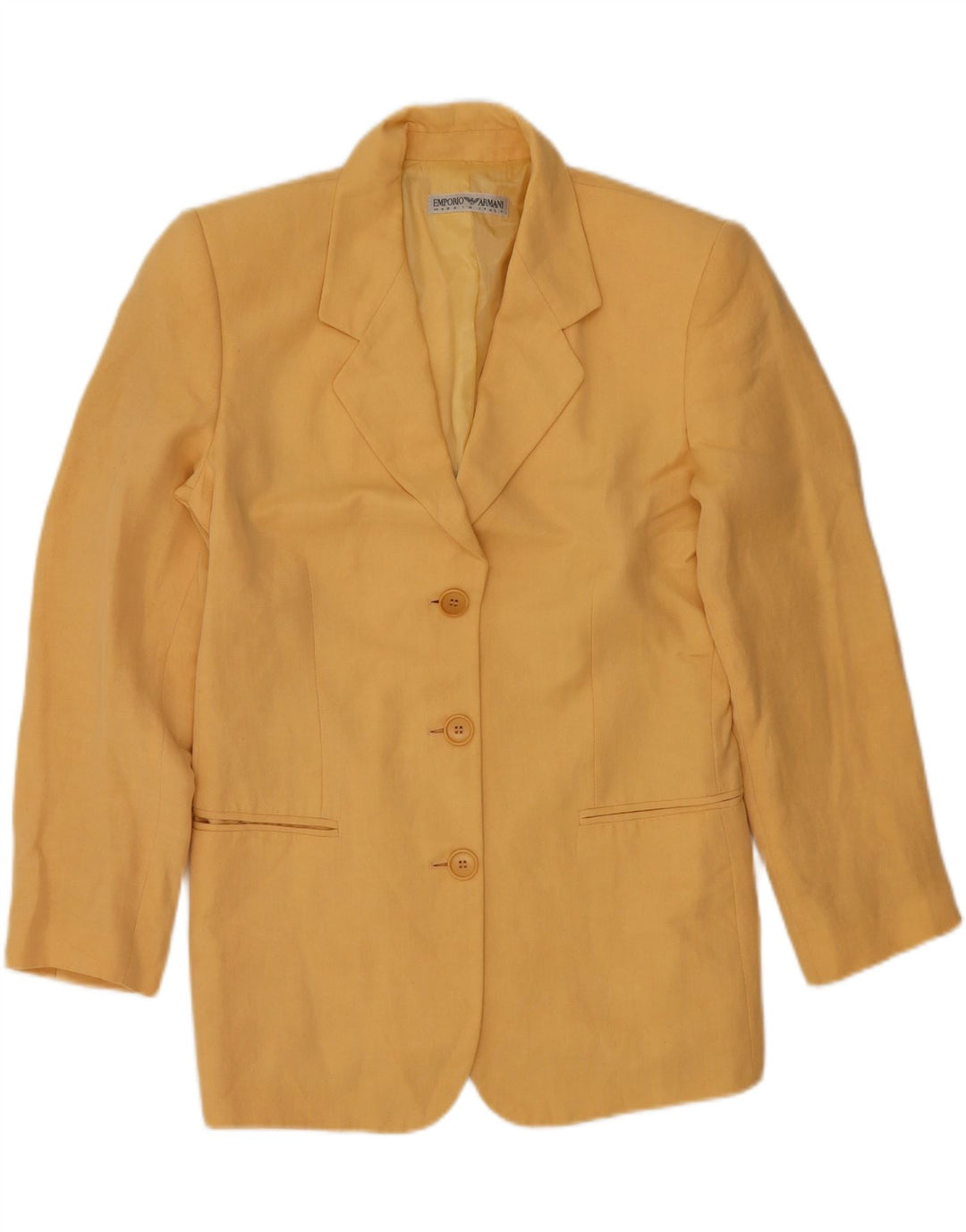 EMPORIO ARMANI Womens 3 Button Blazer Jacket UK 14 Medium Yellow Linen Vintage Emporio Armani and Second-Hand Emporio Armani from Messina Hembry 