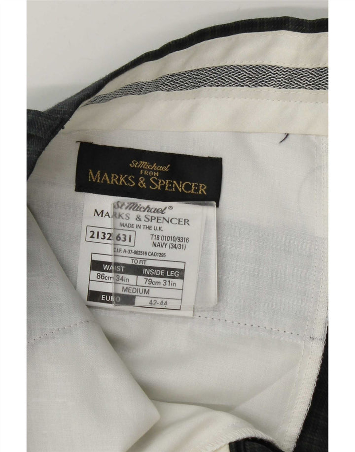 Мужские узкие костюмные брюки Marks & Spencer W34 L31 темно-синие шерстяные в клетку