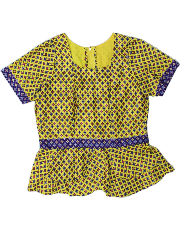 VINTAGE Womens Abstract Pattern Blouse Top UK 14 Large Yellow Cotton Vintage Vintage and Second-Hand Vintage from Messina Hembry 