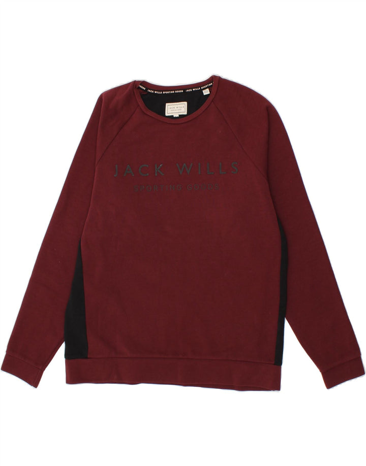 JACK WILLS Mens Graphic Sweatshirt Jumper Medium Red Colourblock Cotton Vintage Jack Wills and Second-Hand Jack Wills from Messina Hembry 