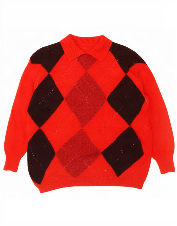 Винтажный женский джемпер с воротником поло, Великобритания, 14, средний красный с узором аргайл/бриллиант