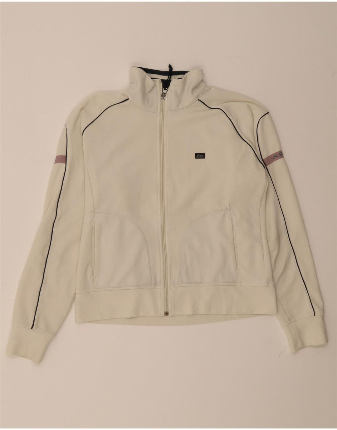 ASICS Womens Crop Tracksuit Top Jacket UK 14 Medium Off White Polyester Vintage Asics and Second-Hand Asics from Messina Hembry 