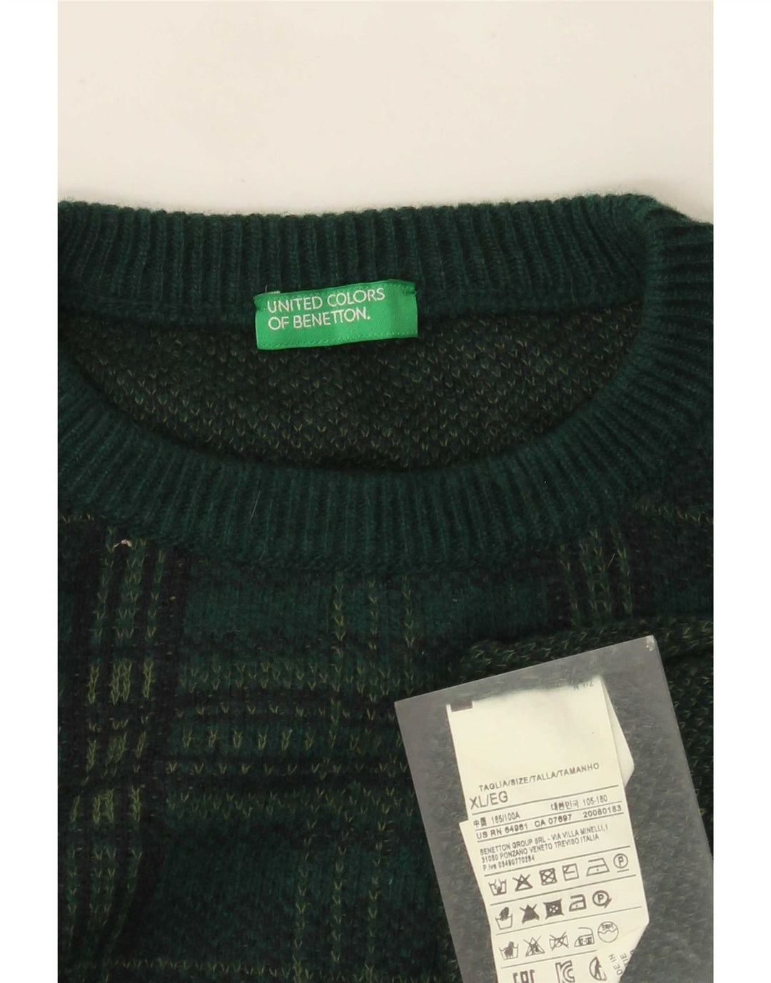 Мужской джемпер с круглым вырезом Benetton XL, зеленая клетка в клетку