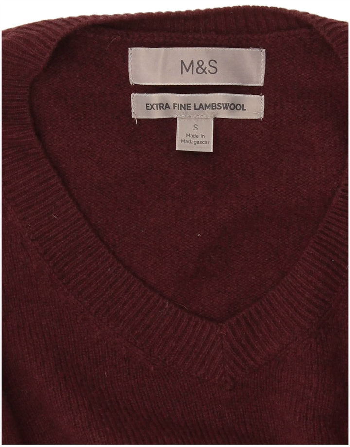 Мужской джемпер с v-образным вырезом Marks & Spencer, маленький бордовый из овечьей шерсти