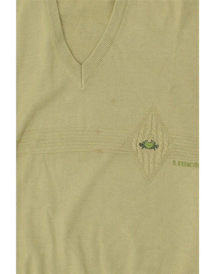 IL GRANCHIO Mens V-Neck Jumper Sweater Medium Khaki Wool | Vintage Il Granchio | Thrift | Second-Hand Il Granchio | Used Clothing | Messina Hembry 