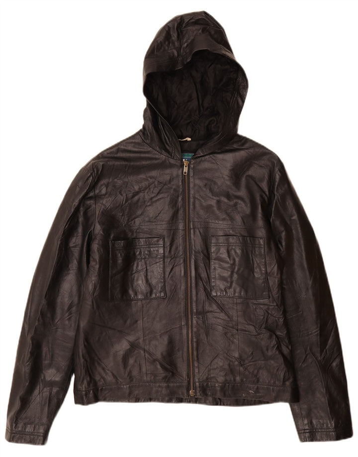 Винтажная женская кожаная куртка с капюшоном IT 46, большая черная кожа