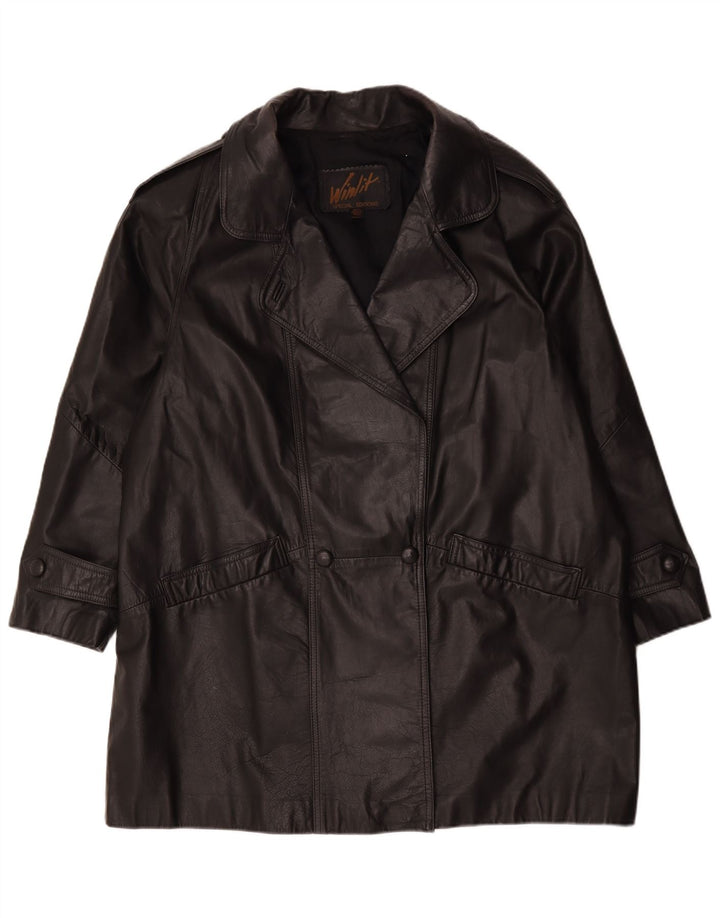 Винтажное женское кожаное пальто оверсайз UK 16, большое черное