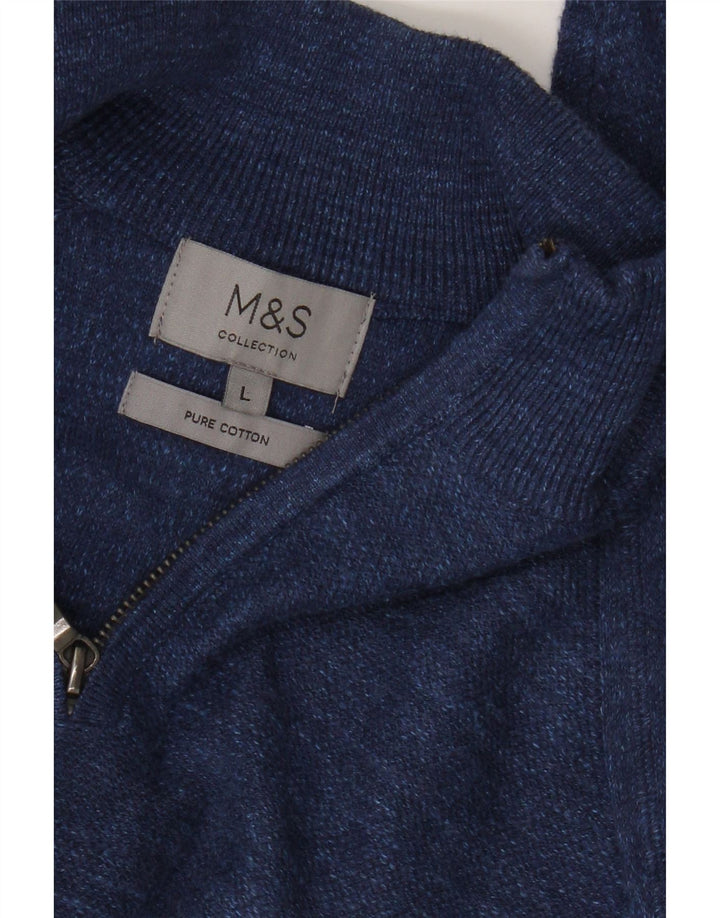 Мужской джемпер с воротником на молнии Marks & Spencer, большой синий хлопковый крапчатый свитер