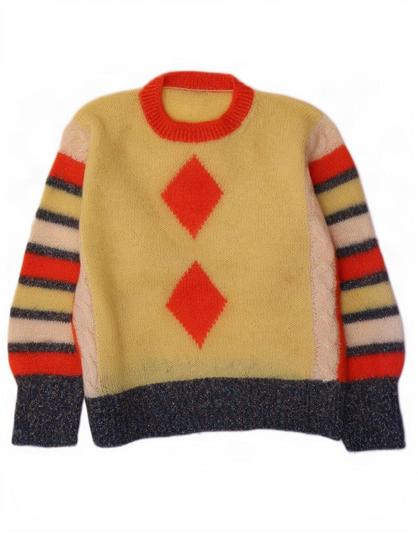 Vintage Womens Crew Neck Jumper Sweater UK 16 Large Yellow Argyle/Diamond