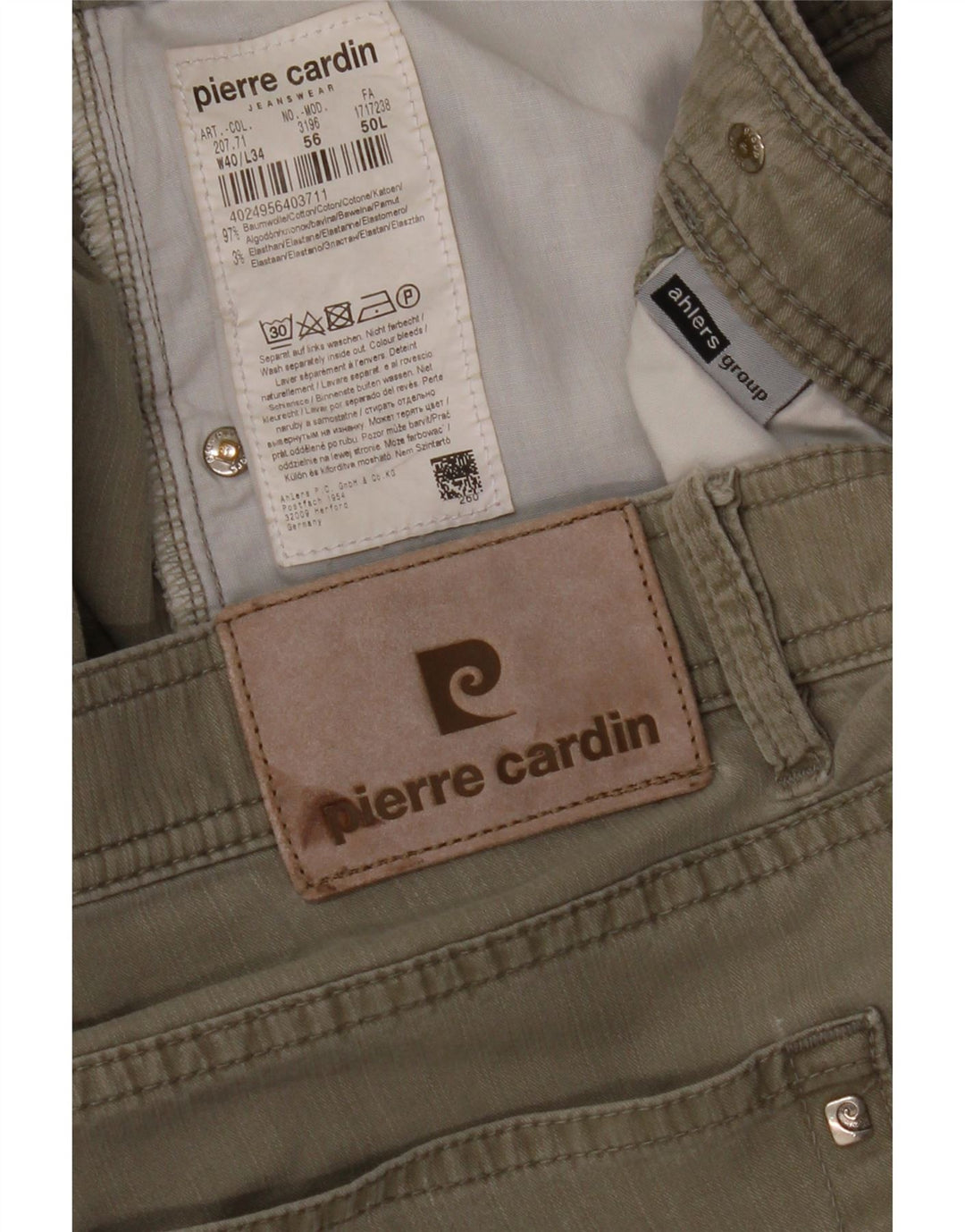 Мужские прямые повседневные брюки PIERRE CARDIN W40 L30, зеленый хлопок