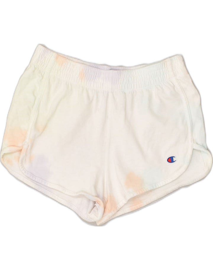 CHAMPION Womens Sport Shorts UK 10 Small White Tie Dye Cotton | Vintage Champion | Thrift | Second-Hand Champion | Used Clothing | Messina Hembry 
