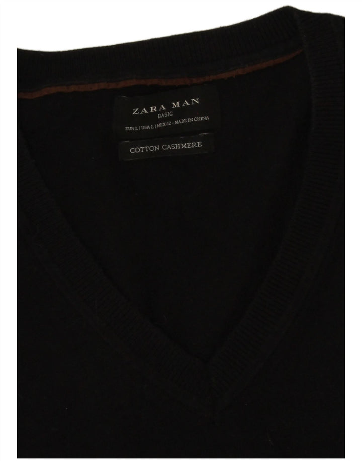 Мужской джемпер с v-образным вырезом Zara, большой черный хлопковый свитер