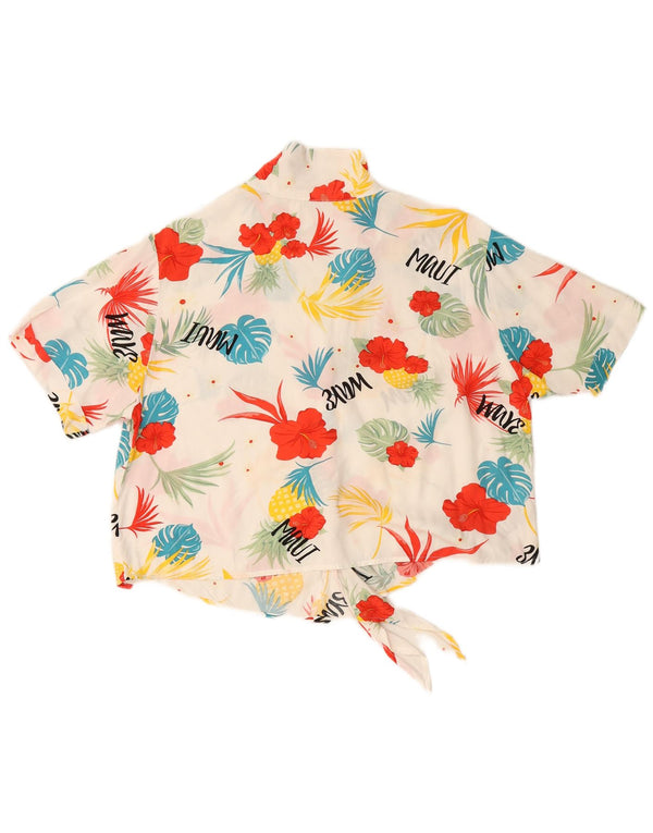 VINTAGE Женская укороченная блузка-рубашка с завязками спереди, Великобритания 16, большой белый цветочный принт