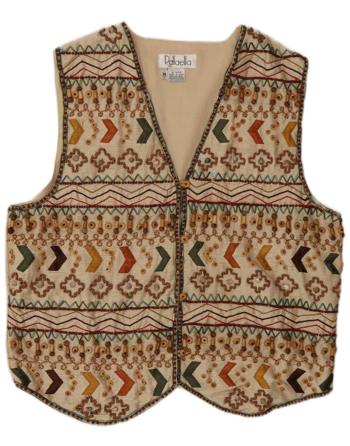 Винтажный женский жилет UK 14, средний бежевый, шелковый с геометрическим узором