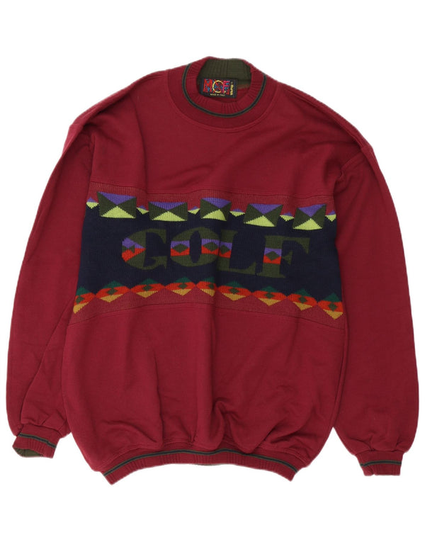 Vintage Mens Golf Crew Neck Jumper Sweater Medium Burgundy Colourblock
