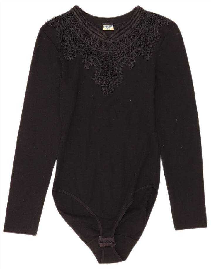 Винтажное женское боди с длинными рукавами UK 2 2XS, черное из натуральной шерсти