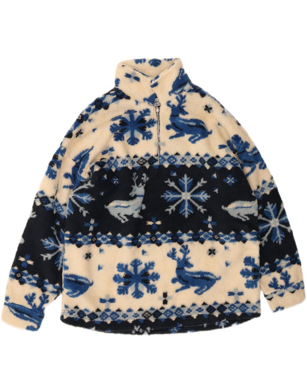 Vintage Womens Zip Neck Fleece Jumper UK 20 2XL Off White Fair Isle Aztec