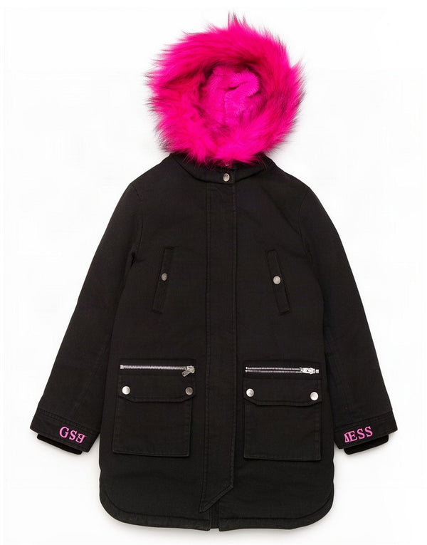 Guess Womens Hooded Parka Jacket UK 12 Medium Black Polyester