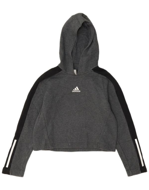 Укороченный джемпер с капюшоном Adidas для девочек 11–12 лет, серый хлопок с цветными блоками