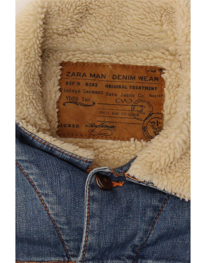 Мужская джинсовая куртка из шерпы Zara UK 36, маленькая синяя с цветными блоками