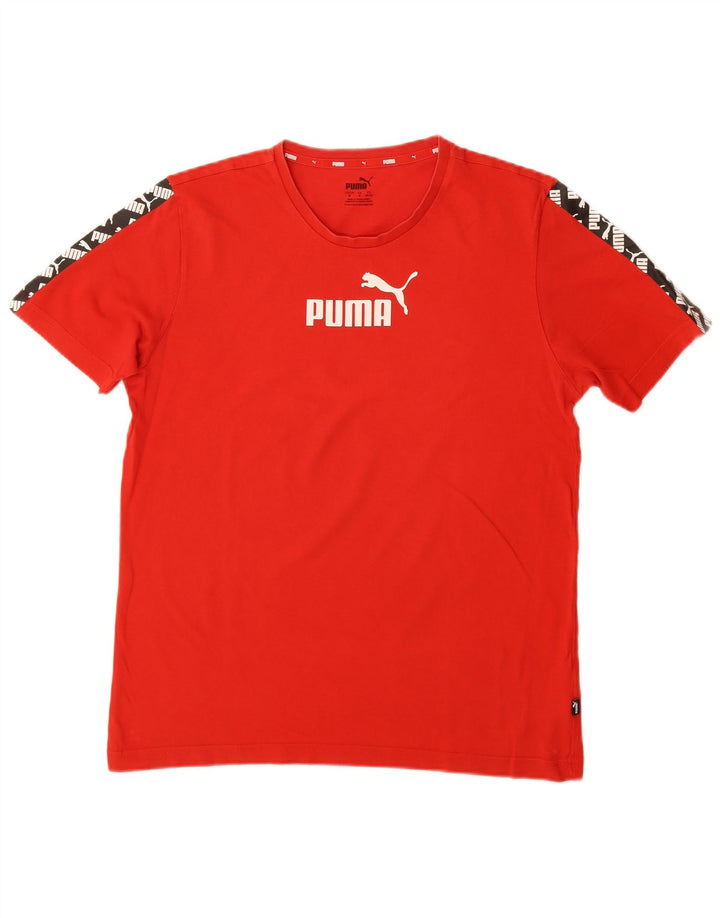 Мужская футболка с рисунком PUMA, хлопковая футболка среднего красного цвета с цветными блоками