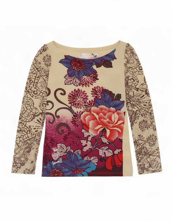 Женский топ с графическим рисунком Desigual UK14, большой размер, бежевый, вискоза с цветочным принтом