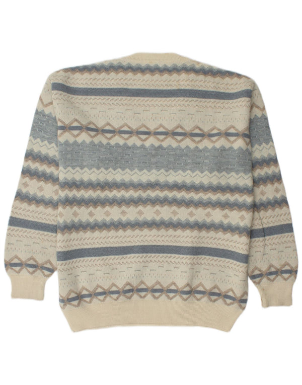 RODES Мужской джемпер с v-образным вырезом XL из натуральной шерсти белого цвета с геометрическим узором