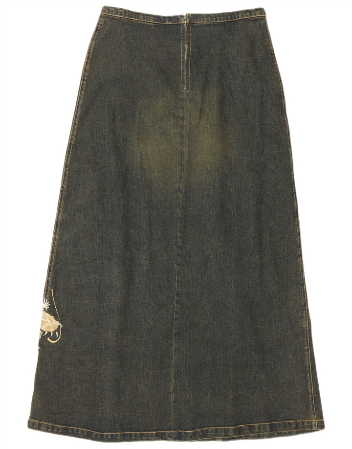 ВИНТАЖНАЯ женская джинсовая юбка с рисунком UK 12, средний W30, синяя, хлопок