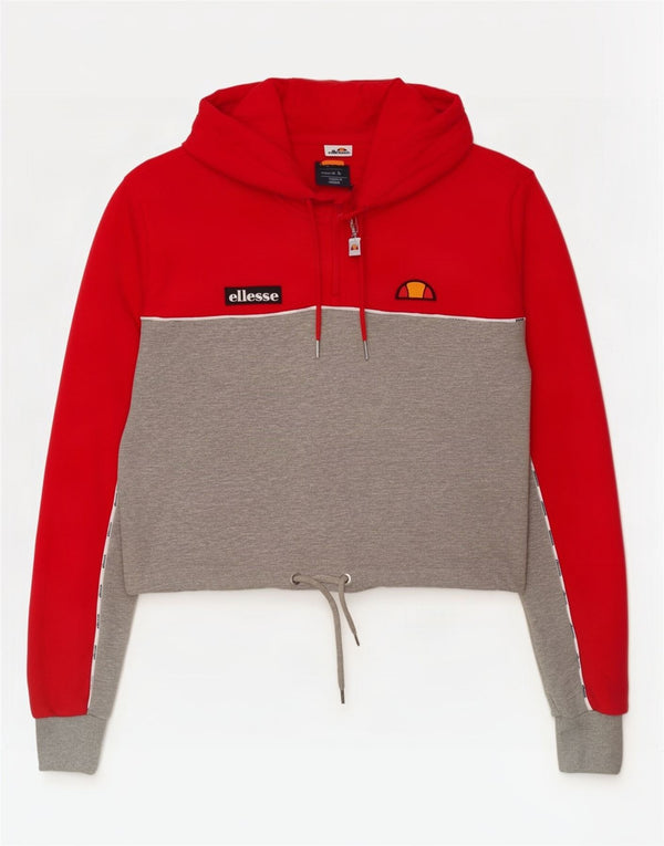 Ellesse Женский укороченный джемпер с капюшоном оверсайз, Великобритания, 8, маленький, красный, цветной блок