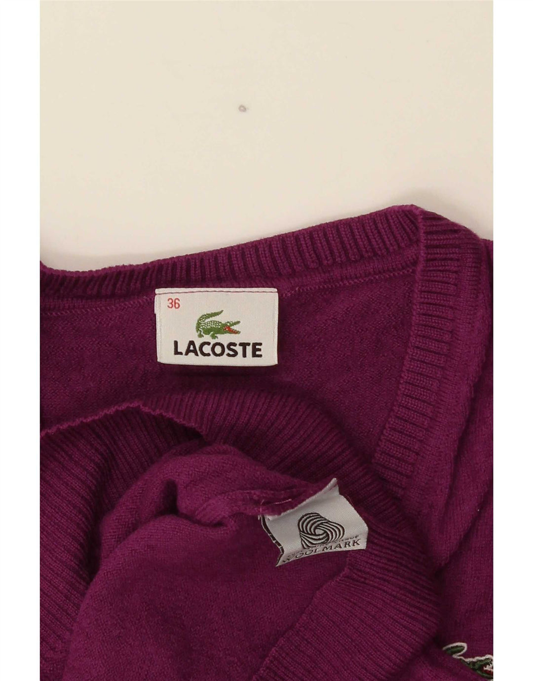 Женский джемпер с v-образным вырезом Lacoste, размер 36, маленький, фиолетовый, шерсть