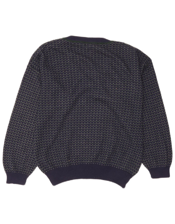 Vintage Mens V-Neck Jumper Sweater Large Navy Blue Geometric Wool