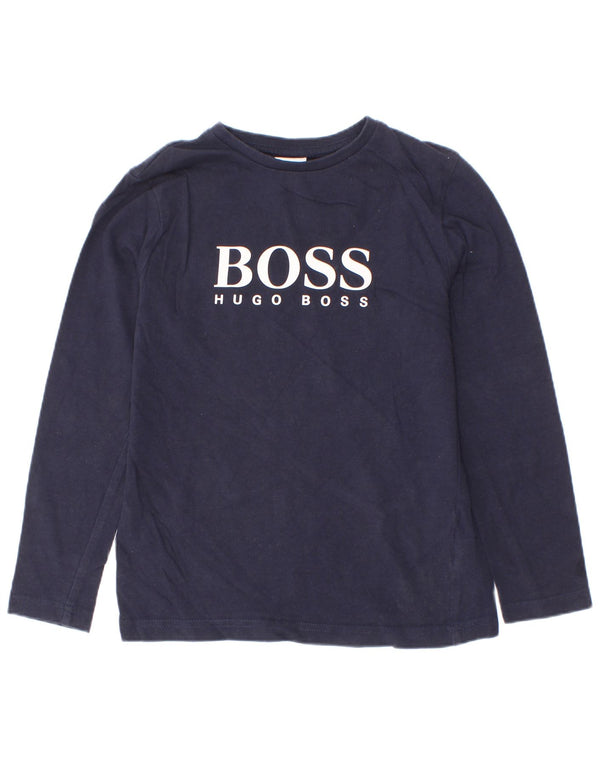 Топ с рисунком для мальчиков Hugo Boss, 7–8 лет, темно-синий, хлопок, длинный рукав