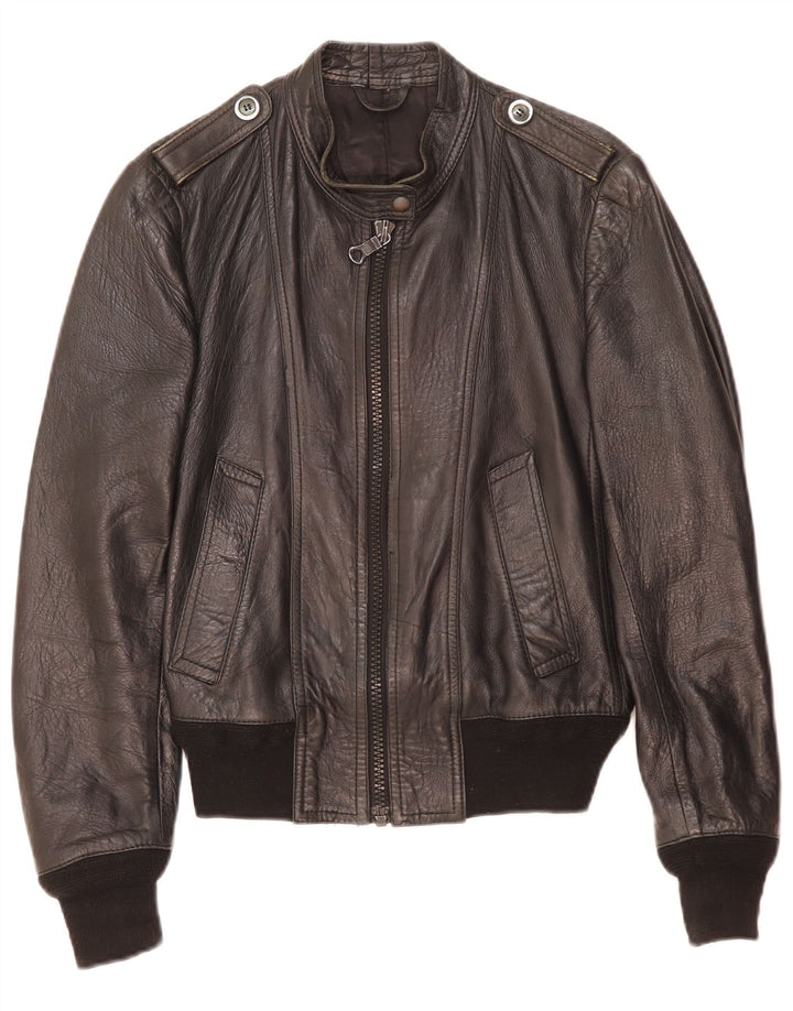 Винтажная женская кожаная куртка в стиле милитари UK 14, средний черный